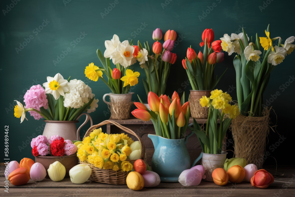 Spring flowers and Easter eggs created with Generative AI Spring flowers and Easter eggs created with Generative AI