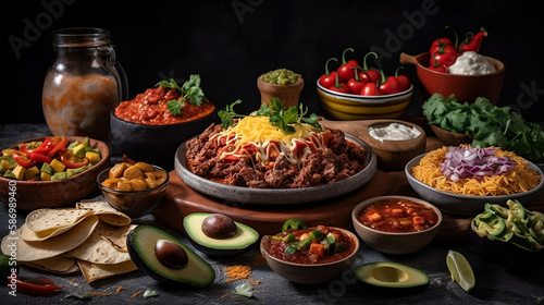 Mexican food with fajitas, chili con carne and nachos with avocado, beef and cheese, Generative AI