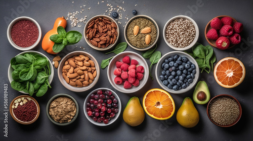Healthy food clean eating selection: fruit, vegetable, seeds, leaf vegetable, Generative AI