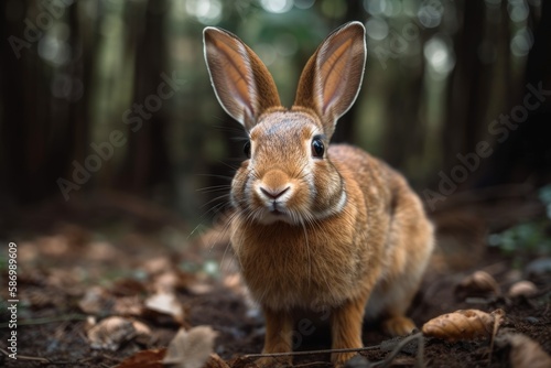 Cute rabbit in a park portrait. Generative AI