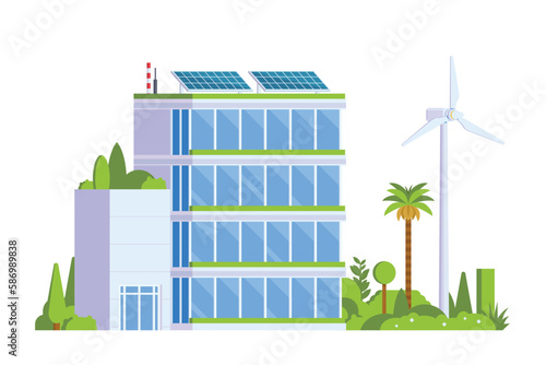 Vector elements representing Green Powered Building. Eco Concept city illustration with a tree, solar panels, wind turbines and green spaces
