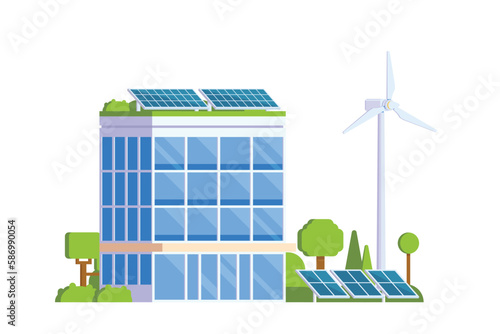 Vector elements representing Green Powered Building. Eco Concept city illustration with a tree, solar panels, wind turbines and green spaces