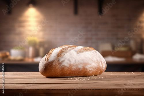 fresh white bread on a wooden table in a bakery in the sun. generative ai