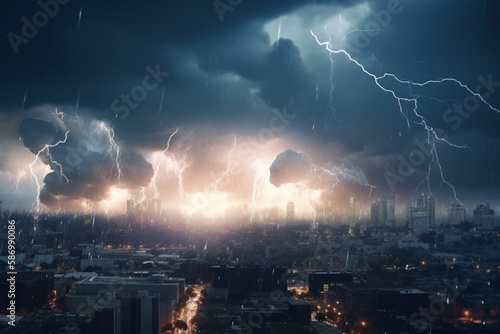 a thunderstorm with lightning over the city. generative ai photo