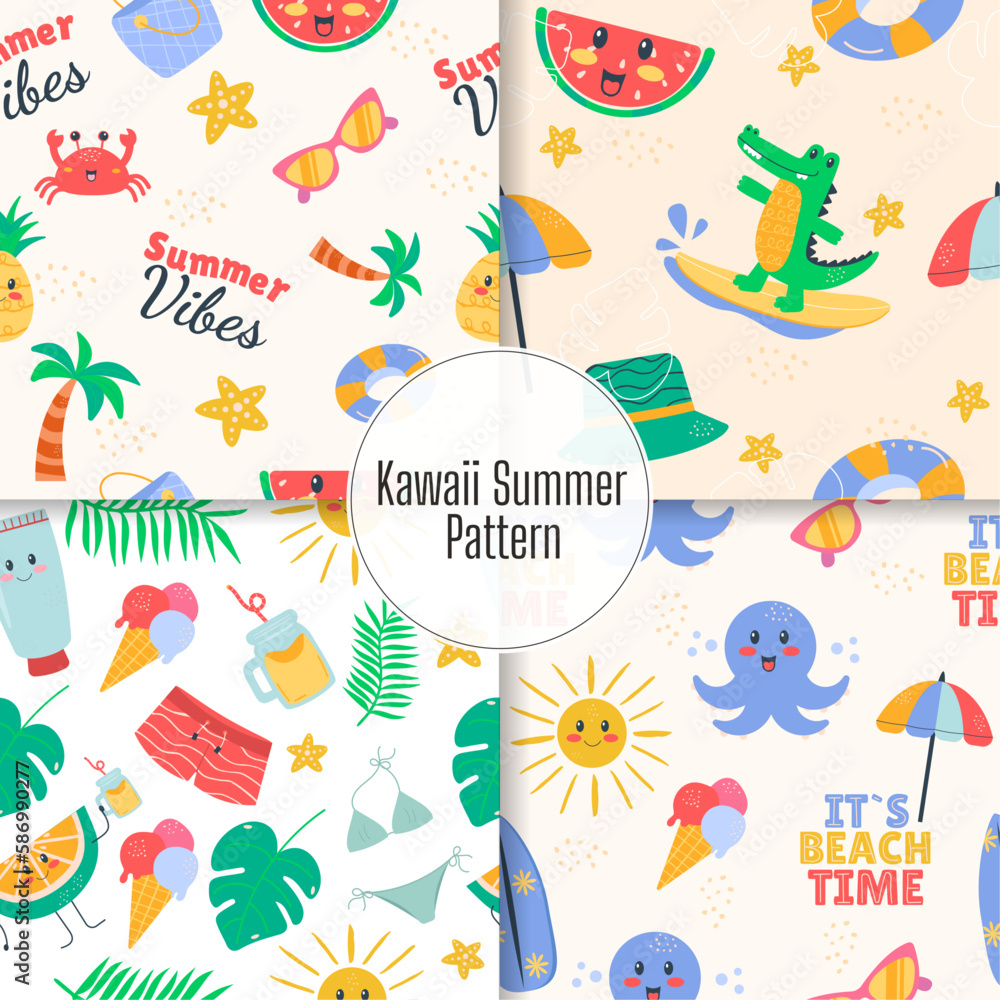 Naklejka premium Summer pattern with kawaii animals