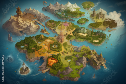 Fantasy World Map with Unique Ecosystems: 3D Illustration, Ai Generative © Wemerson