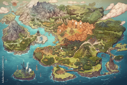 Fantasy World Map with Unique Ecosystems: 3D Illustration, Ai Generative