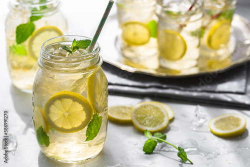 Lemon Ice Tea With Fresh Mint Leaves in a Mason Jar