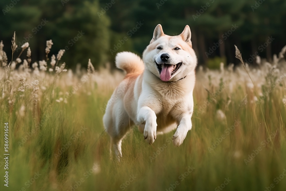 Akita jumping in joy runing to the camera