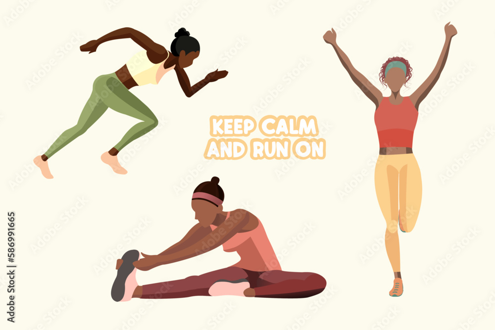 Flat style vector illustration depicting three beautiful African American girls who are engaged in jogging, including a warm-up. World running Day 3 June. Flat style vector illustration depicting three beautiful African American girls who are engaged in jogging, including a warm-up. World running Day 3 June.