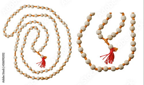 Wooden mala beads used in Hinduism for prayer, isolated on transparent background photo