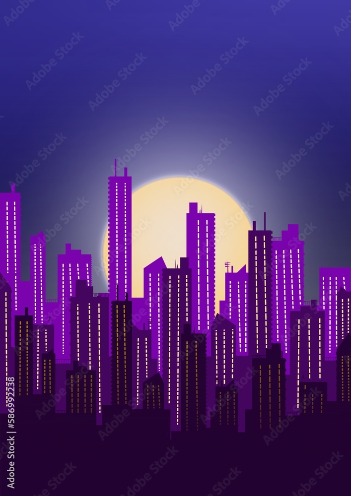 night city skyline and skyscraper view with big moon. Night sky illustration and digital art.