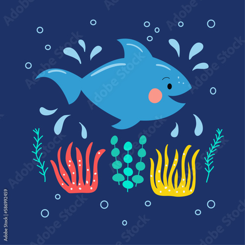 Cute shark, flat vector illustration. Funny ocean animal hand drawn cartoon character on a blue background. Childish t-shirt print design