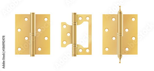 Golden door hinges construction hardware. Realistic set of gold tools for joint gates and windows.metal hinges for house and furniture. vector