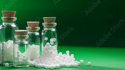 Bottles with homeopathic globules on a green background. Homeopathic medicine photo