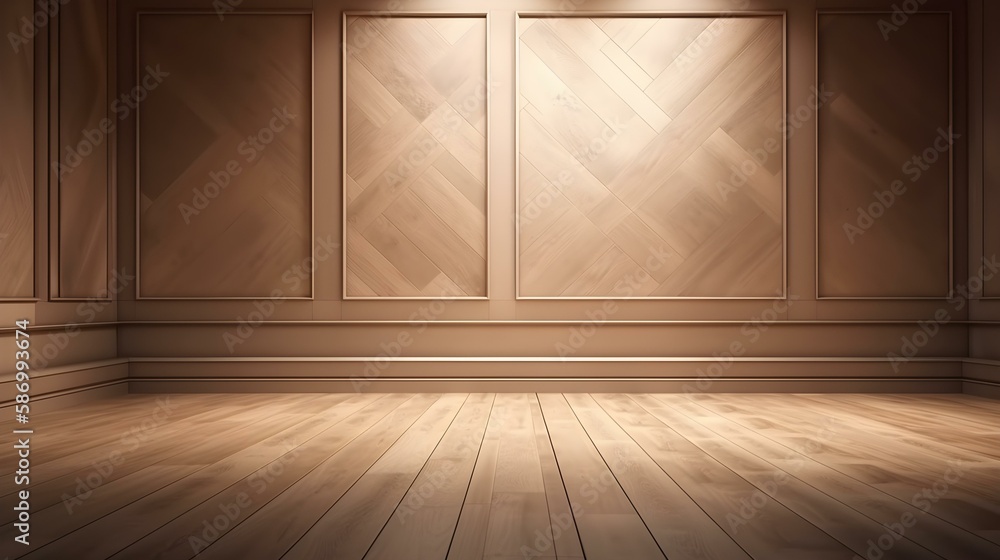 Decorative Light Brown Wall and Wooden Floor with Reflections - Presentation Background Decorative Light Brown Wall and Wooden Floor with Reflections - Presentation Background