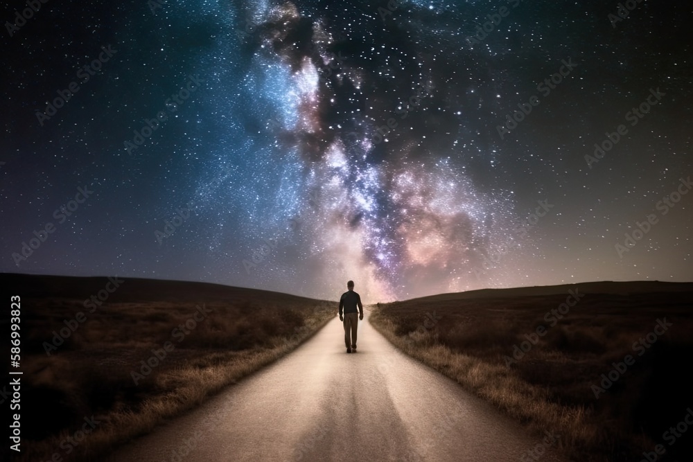 Fototapeta premium Lonely man walking down a long road. Generative AI
