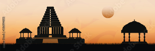 South Indian ancient stone architecture temple and temple hall silhouette vector illustration. banner, poster, wallpaper design. Temple gopuram, mandapam.