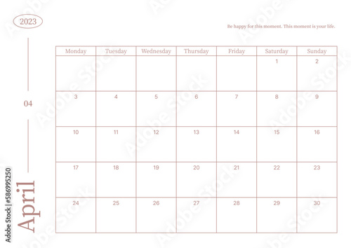 April 2023 simple design digital and printable calendar template illustration. Notes, scheduler, diary, calendar, memo, planner document template background. 