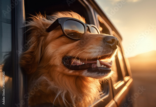 Lindo perrito  feliz con gafas de sol, con su cabeza al viento en un coche en marcha. Ilustración de IA Generativa photo