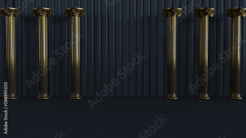 3D render of gold columns on dark background  abstract background