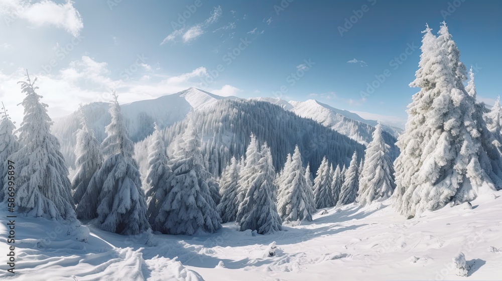 Majestic Panoramic Winter Landscape with Snowy Peaks, Alpine Trees, and Serenity of a Fairy-Tale Scenery: Generative AI