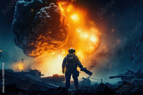 A Dark   Futuristic War in Space  Soldier Takes On Crashing Spaceship Fire  Generative AI
