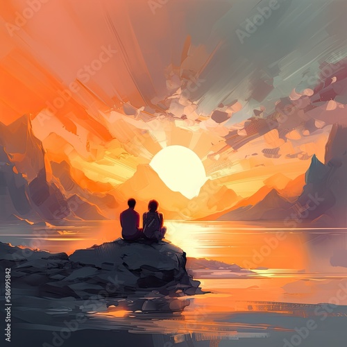 An Abstract Fantasy of a Couple Sitting on the Beach at Sunrise  A Generative Landscape of Nature and Travel  Generative AI