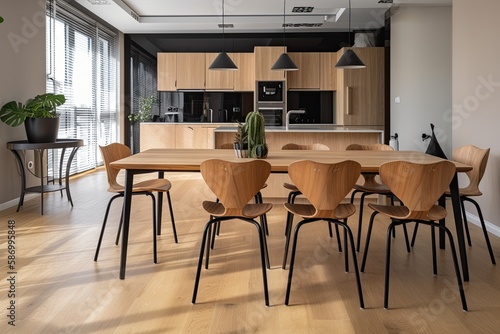 Generative Design Spices Up a Stylish Kitchen: Chairs Arranged at an Apartment Island: Generative AI