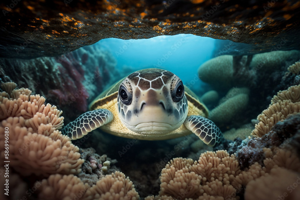 Obraz premium Baby Turtle Swimming in Colorful Coral Reef generative ai