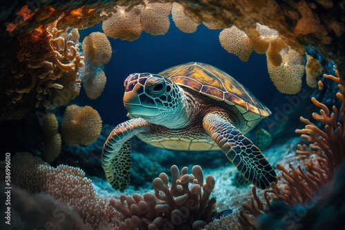 Baby Turtle Swimming in Colorful Coral Reef generative ai