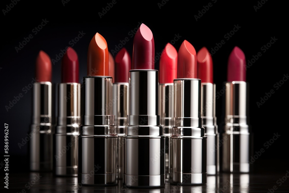 A set of lipstick on a dark background. Red, pink, wine, wine lipstick. generative AI A set of lipstick on a dark background. Red, pink, wine, wine lipstick. generative AI