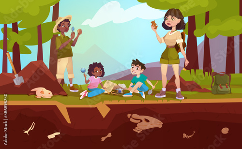 Cartoon archaeologists exploring artifacts with magnifying glass, brush or studying dinosaurs fossil skeletons bones. Children digging sand, playing in paleontologists with excavation shovel and loupa