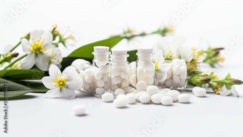 homeopathic pills with spring flowers on white background photo