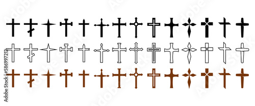 Cross Christian cross icons set. Collection of black, linear and brown wooden vector cross symbols on a white background. eps10