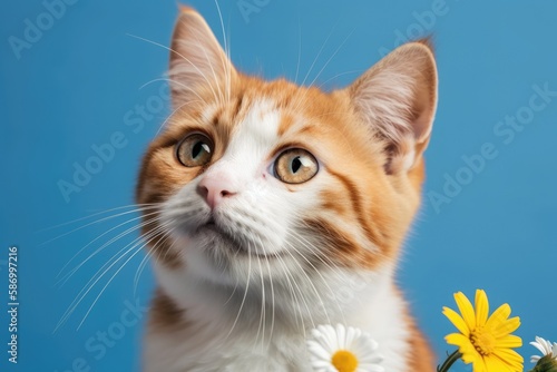 On a blue background with camomile  a sweet tiny brown and white kitten is depicted. Generative AI