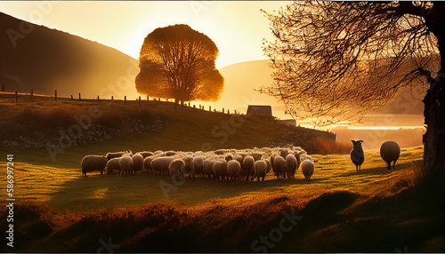 sheep flock in sunset in the mountains