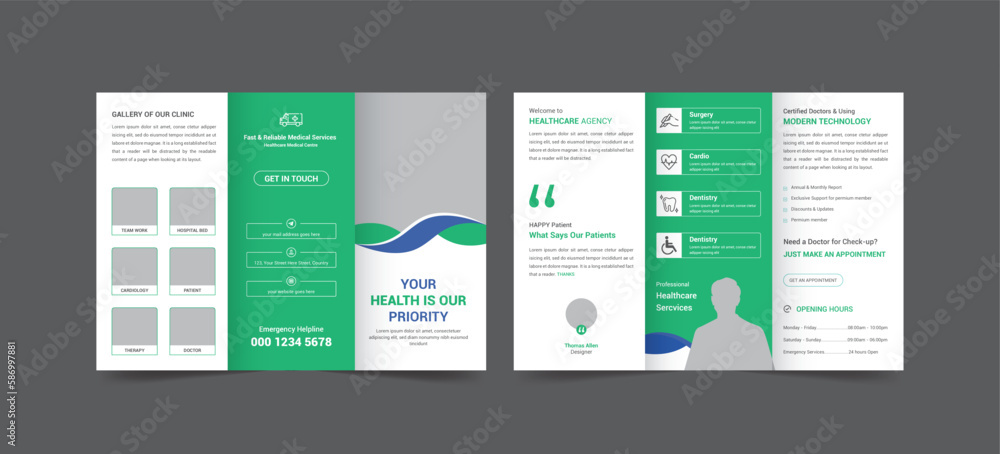 Medical, health care Tri fold brochure template, Medical Hospital tri fold brochure design template, Modern cover brochure flyer design template.