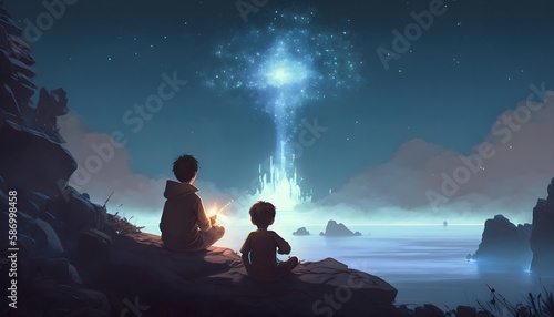 two brothers sitting on the cliff and looking at the mysterious glowing light  Generative AI