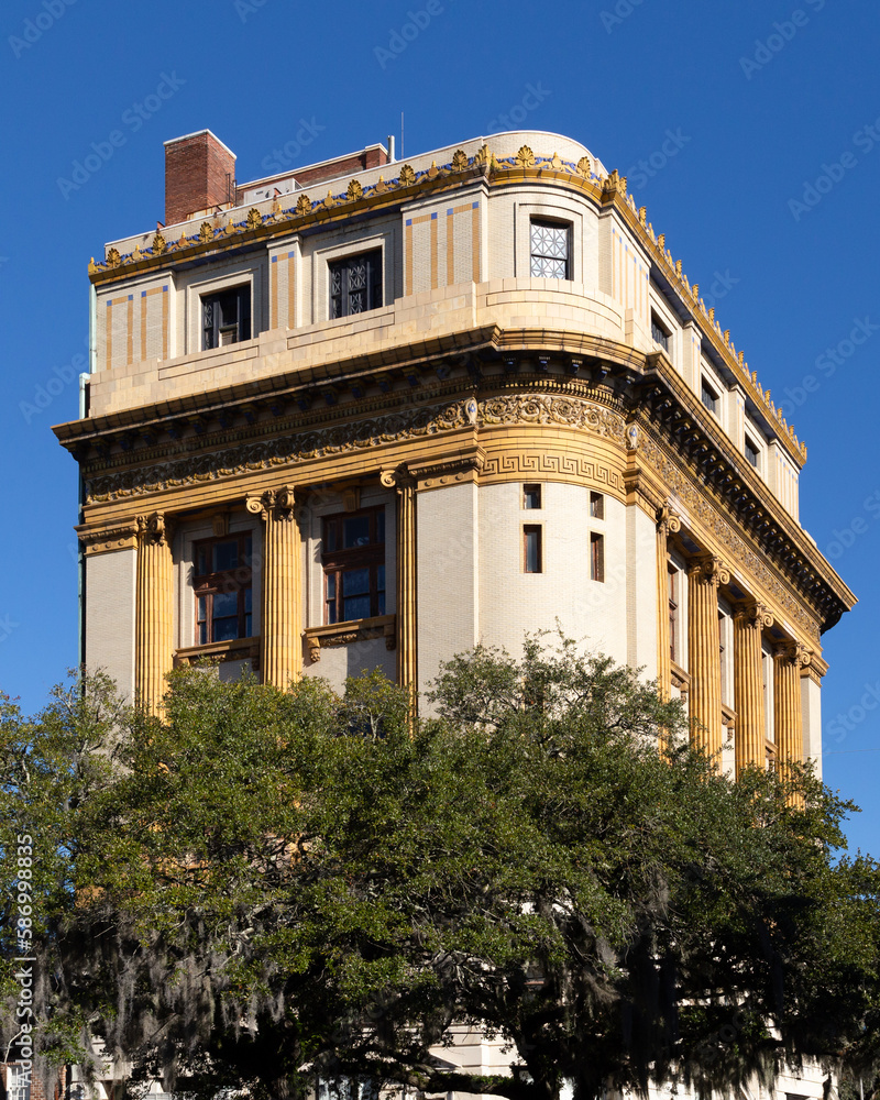 Side view of the 1923 Scottish Rite Temple neo-classical building at 341 Bull Street, now occupied by the Savannah  College of Art and Design, Savannah, Georgia, USA