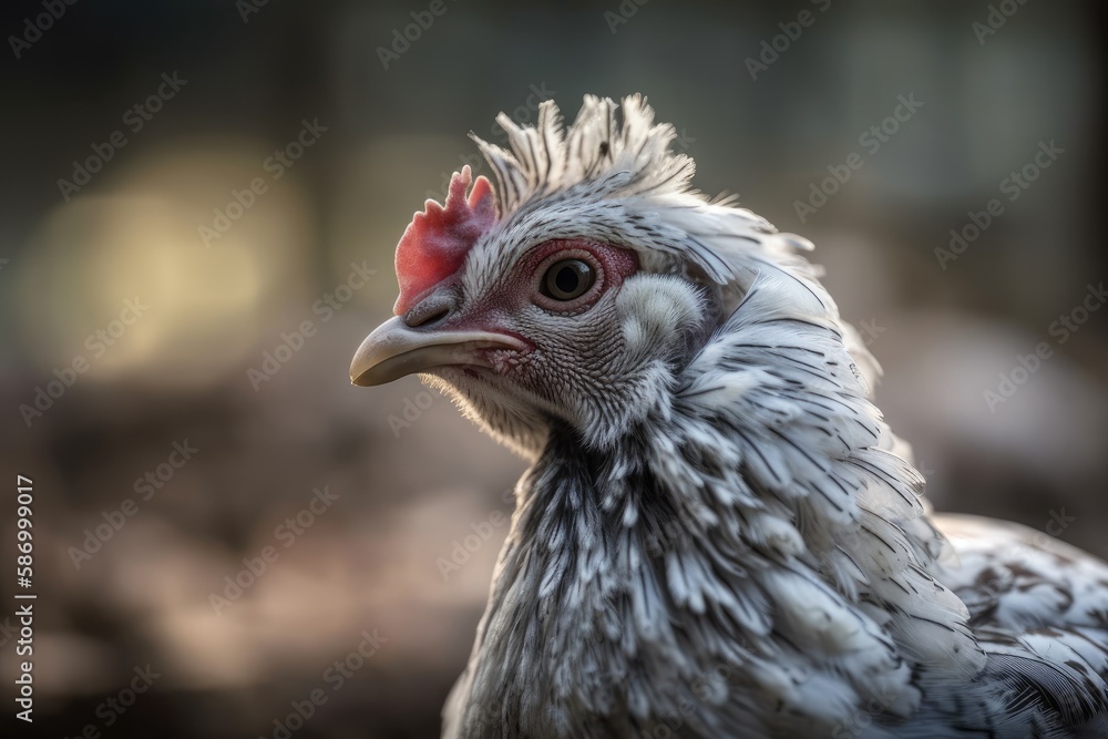 Grey and white poultry farming hen on a hazy background. Generative AI
