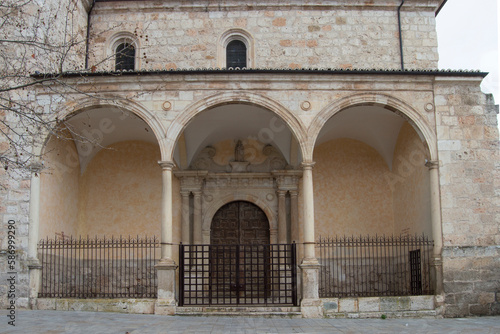 Atrium and entrance with arches and Renaissance capitals of the church of Los Remedios in Guadalajara. Spain