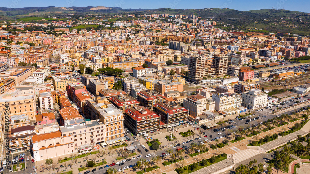 Aerial view of the city of Civitavecchia, near Rome in Italy, and its historic center.