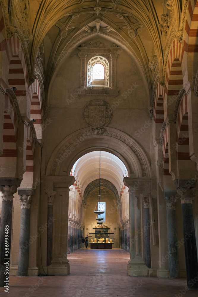 Arches and columns of the Mosque-Cathedral of Cordoba, Andalusia, Spain.