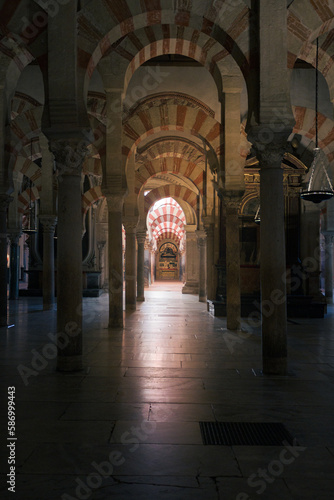Arches and columns of the Mosque-Cathedral of Cordoba  Andalusia  Spain.