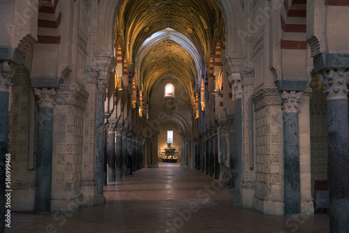 Arches and columns of the Mosque-Cathedral of Cordoba, Andalusia, Spain.