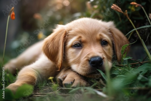 Golden retriever lab mix puppy sleeping on the grass. Generative AI