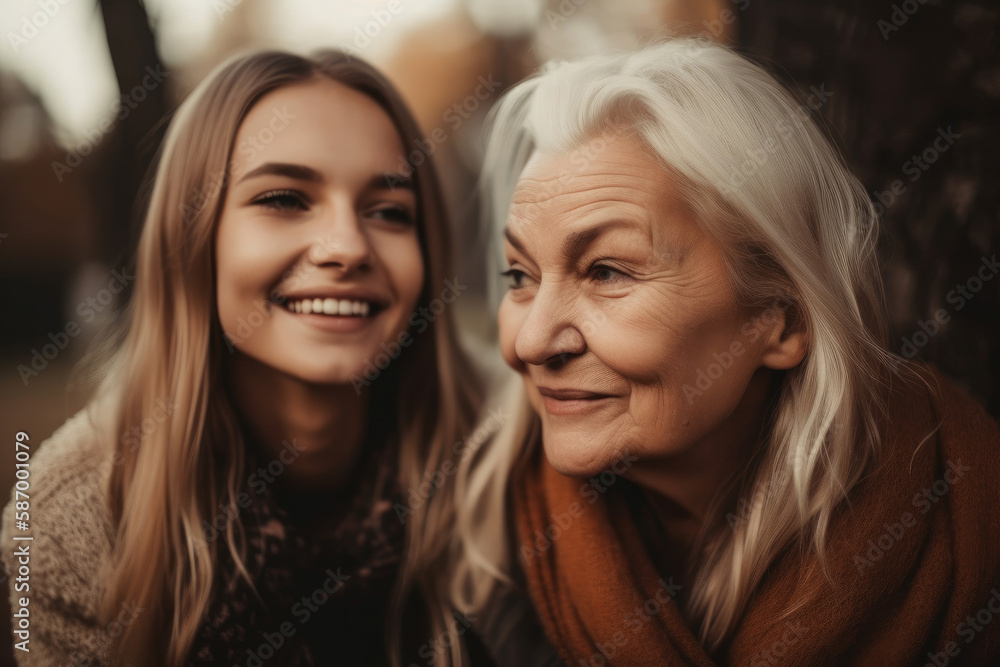 Young woman with older mother cuddling together. Mothers day. Generative ai Young woman with older mother cuddling together. Mothers day. Generative ai