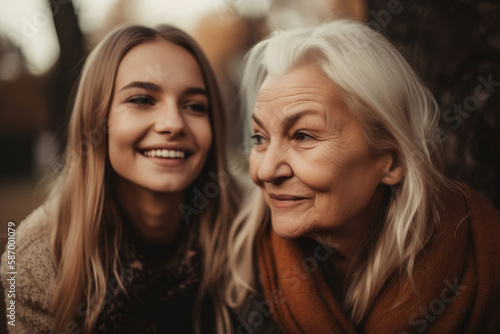 Young woman with older mother cuddling together. Mothers day. Generative ai