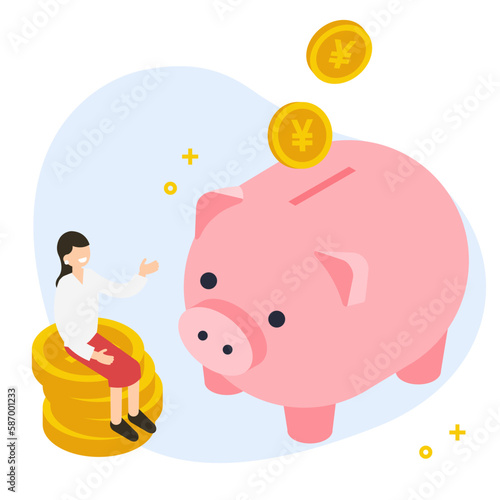 豚の貯金箱と積み上げたコインの上に座る女性のアイソメトリックイラスト